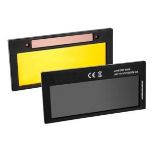 auto darkening welding lens 4.25" x 2", shade 9 true color welding lens with dual arc sensors & gold coating, compatible with most welding helmets for tig, mig, mma, arc applications