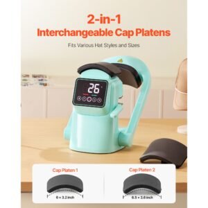 auto hat heat press machine, with 2pcs interchangeable platens, automatic open and release, touchscreen for precise time and temperature control, heat transfer printing for caps, hats, green