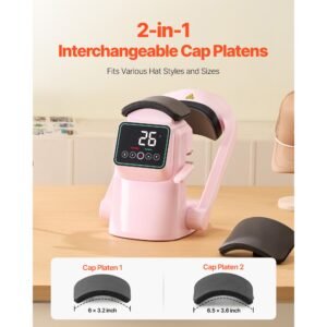 auto hat heat press machine, with 2pcs interchangeable platens, automatic open and release, touchscreen for precise time and temperature control, heat transfer printing for caps, hats, pink