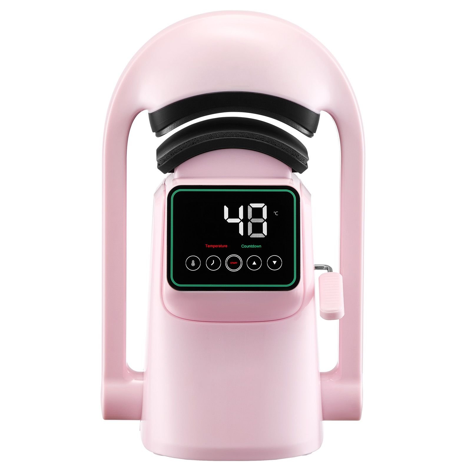 auto hat heat press machine, with 2pcs interchangeable platens, automatic open and release, touchscreen for precise time and temperature control, heat transfer printing for caps, hats, pink
