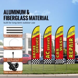 auto repair advertising feather flag with pole kit, advertising flags for business outside, includes 4 banner flags, 4 poles, 4 ground stakes, swooper flags for businesses 16.3 ft