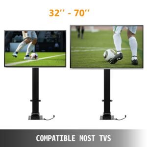 automated tv elevator, 39.4" stroke, supports 32 70" tvs, adjustable height 28.74 68.11", remote controlled, max load 154 lbs