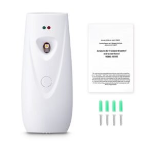 automatic air freshener spray dispenser, 4 pack, wall mounted or free standing, battery operated, multiple time settings for home, indoor, bathrooms, offices, hotels, commercial places, white