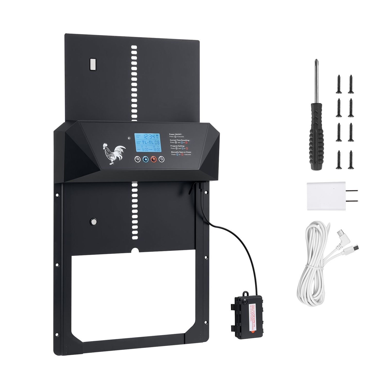 automatic chicken coop door, dc & battery powered chicken door with lcd display, light sensor, timer & manual setting, anti pinch security, durable aluminum alloy, chick run gate opener for farm
