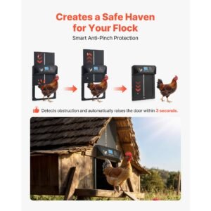automatic chicken coop door, dc & battery powered chicken door with lcd display, light sensor, timer & manual setting, anti pinch security, durable aluminum alloy, chick run gate opener for farm