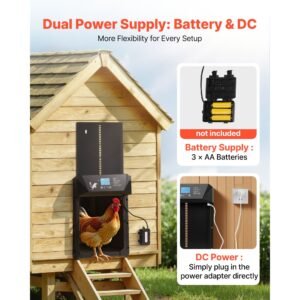 automatic chicken coop door, dc & battery powered chicken door with lcd display, light sensor, timer & manual setting, anti pinch security, durable aluminum alloy, chick run gate opener for farm