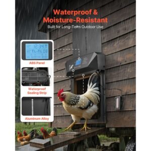automatic chicken coop door, dc & battery powered chicken door with lcd display, light sensor, timer & manual setting, anti pinch security, durable aluminum alloy, chick run gate opener for farm