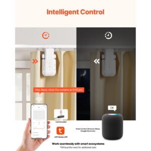 automatic curtain opener, 2 pack, app and remote control, hub included, electric smart curtain opener compatible with alexa and google home, timed opening and closing, for roman rods, u/i rails