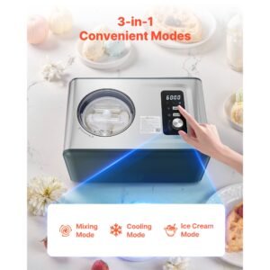 automatic ice cream maker with built in compressor, 1.5 quart no pre freezing gelato maker, electric sorbet maker, 3 modes compressor ice cream machine for home kitchen