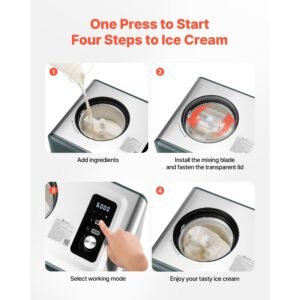 automatic ice cream maker with built in compressor, 1.5 quart no pre freezing gelato maker, electric sorbet maker, 3 modes compressor ice cream machine for home kitchen
