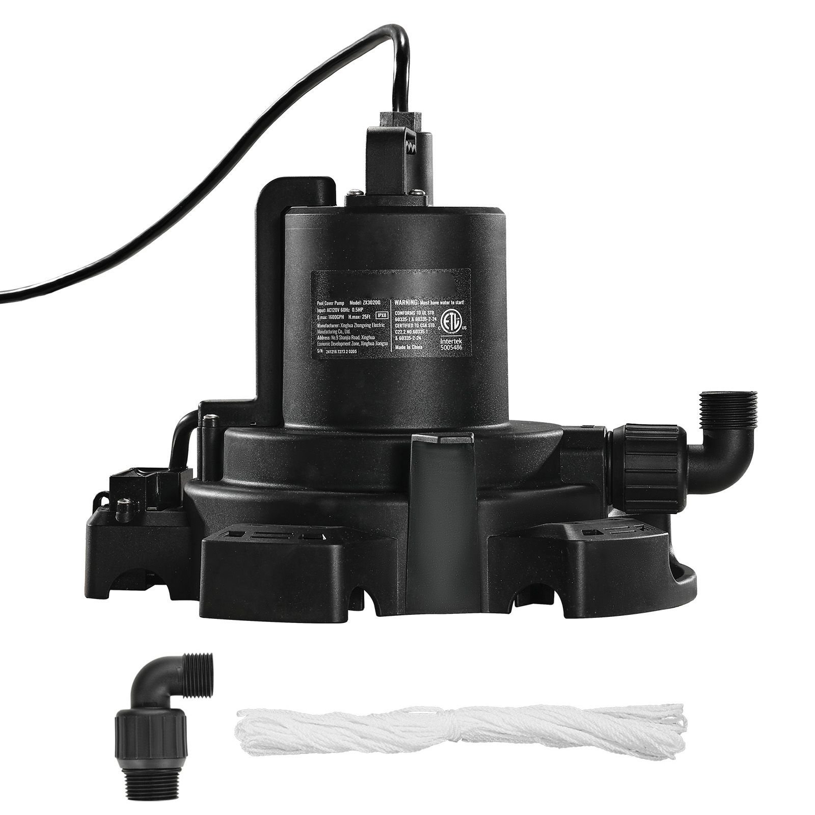 automatic pool cover pump, 1/2 hp 1600 gph, 120v submersible swimming pool cover pump with 25 ft power cord, 25 ft max head lift, water removal and transfer pump, for pool draining hot tubs