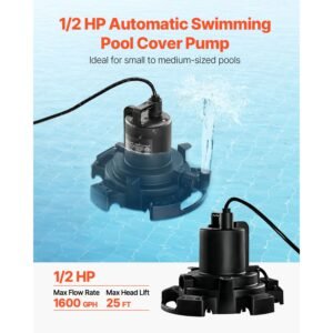 automatic pool cover pump, 1/2 hp 1600 gph, 120v submersible swimming pool cover pump with 25 ft power cord, 25 ft max head lift, water removal and transfer pump, for pool draining hot tubs