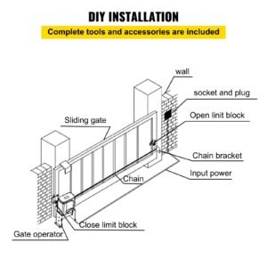 automatic sliding gate opener 1400lbs with 2 remote controls, gate operator hardware kit for security, move speed 43ft per min, electric rolling driveway slide gate motor