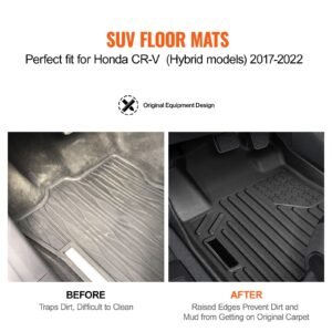 automotive floor mats, fits for honda cr v (hybrid models) 2017 2022, 3 pcs front and 2nd row liners, all weather custom fit tpe vehicle floor mats, easy to clean floor liners for suv, black