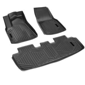 automotive floor mats, fits for tesla model y 2021 2024, 3 pcs front and 2nd row liners, all weather custom fit tpe vehicle floor mats, easy to clean and secure floor liners for suv, black
