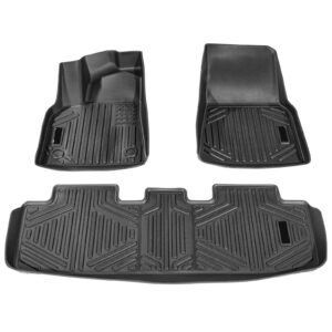 automotive floor mats, fits for tesla model y 2021 2024, 3 pcs front and 2nd row liners, all weather custom fit tpe vehicle floor mats, easy to clean and secure floor liners for suv, black