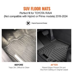 automotive floor mats, fits for toyota rav4 (not for hybrid or prime) 2019 2024, 3 pcs front and 2nd row liners, all weather custom fit tpe vehicle floor mats, easy to clean for suv, black