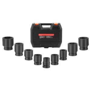 axle nut impact socket set, 1" drive 6 point 9 piece sae spindle nut socket set, cr mo heat treated large socket set with storage case, for auto repair, removing or installing axle nuts