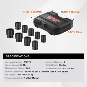 axle nut impact socket set, 1" drive 6 point 9 piece sae spindle nut socket set, cr mo heat treated large socket set with storage case, for auto repair, removing or installing axle nuts