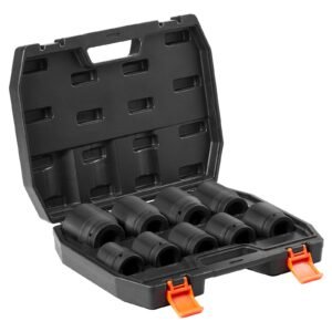 axle nut impact socket set, 1" drive 6 point 9 piece sae spindle nut socket set, cr mo heat treated large socket set with storage case, for auto repair, removing or installing axle nuts