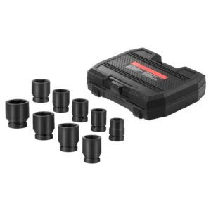 axle nut impact socket set, 1" drive 6 point 9 piece sae spindle nut socket set, cr mo heat treated large socket set with storage case, for auto repair, removing or installing axle nuts