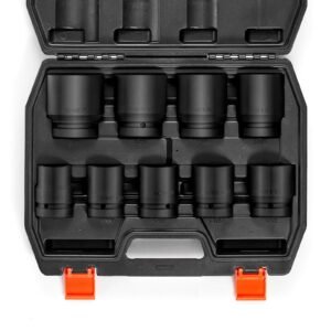 axle nut impact socket set, 1" drive 6 point 9 piece sae spindle nut socket set, cr mo heat treated large socket set with storage case, for auto repair, removing or installing axle nuts