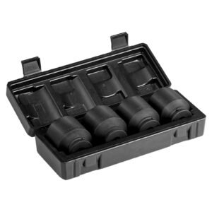 axle nut impact socket set, 1/2" drive 6 point 4 piece sae spindle nut socket set, cr mo heat treated large socket set with storage case, for auto repair, removing or installing axle nuts
