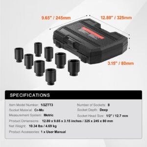 axle nut impact socket set, 1/2" drive deep 12 point 8 piece metric spindle nut socket set, cr mo heat treated large socket set with storage case, auto repair, removing or installing axle nuts