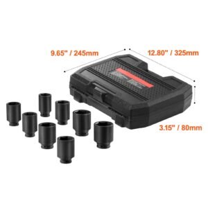 axle nut impact socket set, 1/2" drive deep 12 point 8 piece metric spindle nut socket set, cr mo heat treated large socket set with storage case, auto repair, removing or installing axle nuts