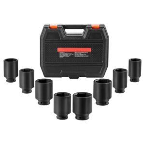 axle nut impact socket set, 1/2" drive deep 12 point 8 piece metric spindle nut socket set, cr mo heat treated large socket set with storage case, auto repair, removing or installing axle nuts