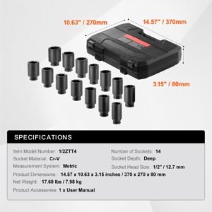 axle nut impact socket set, 1/2" drive deep 6+12 point 14 piece metric spindle nut socket set, cr v heat treated large socket set with storage case, auto repair, removing or installing axle nuts