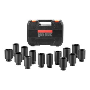 axle nut impact socket set, 1/2" drive deep 6+12 point 14 piece metric spindle nut socket set, cr v heat treated large socket set with storage case, auto repair, removing or installing axle nuts