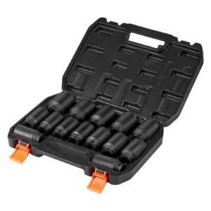 axle nut impact socket set, 1/2" drive deep 6+12 point 14 piece metric spindle nut socket set, cr v heat treated large socket set with storage case, auto repair, removing or installing axle nuts