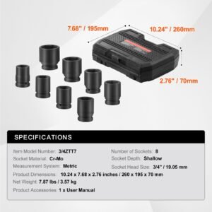 axle nut impact socket set, 3/4" drive 6 point 8 piece metric spindle nut socket set, cr mo heat treated large socket set with storage case, for auto repair, removing or installing axle nuts