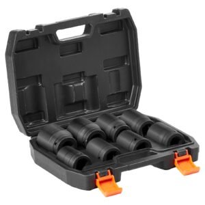 axle nut impact socket set, 3/4" drive 6 point 8 piece metric spindle nut socket set, cr mo heat treated large socket set with storage case, for auto repair, removing or installing axle nuts
