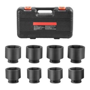 axle nut impact socket set, 3/4" drive 6 point 8 piece sae spindle nut socket set, cr mo heat treated large socket set with storage case, for auto repair, removing or installing axle nuts