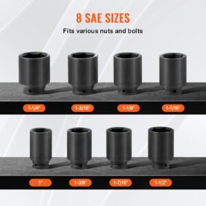 axle nut impact socket set, 3/4" drive deep 6 point 8 piece sae spindle nut socket set, cr mo heat treated large socket set with storage case, for auto repair, removing or installing axle nuts