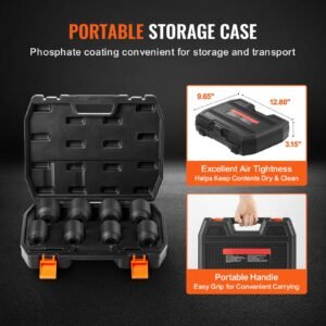 axle nut impact socket set, 3/4" drive deep 6 point 8 piece sae spindle nut socket set, cr mo heat treated large socket set with storage case, for auto repair, removing or installing axle nuts