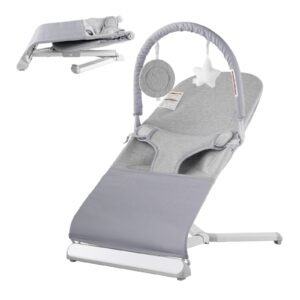 baby bouncer, folding bouncer seat for babies 0 9 months, newborn bouncer chair with 2 reclining angles & rotatable toy bar, portable infant rocker with travel bag for indoor outdoor, light gray