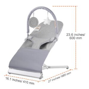baby bouncer, folding bouncer seat for babies 0 9 months, newborn bouncer chair with 2 reclining angles & rotatable toy bar, portable infant rocker with travel bag for indoor outdoor, light gray