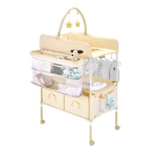 baby changing table, foldable diaper change station with 2 fabric drawers, side basket & hanging rod, adjustable height portable changing table with lockable wheels & 2 star toys, light beige
