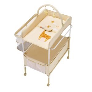 baby changing table, foldable diaper change station with 2 fabric drawers, side basket & hanging rod, adjustable height portable changing table with lockable wheels & 2 star toys, light beige