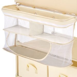 baby changing table, foldable diaper change station with 2 fabric drawers, side basket & hanging rod, adjustable height portable changing table with lockable wheels & 2 star toys, light beige