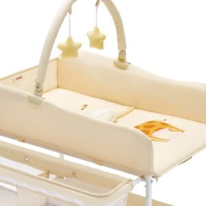 baby changing table, foldable diaper change station with 2 fabric drawers, side basket & hanging rod, adjustable height portable changing table with lockable wheels & 2 star toys, light beige