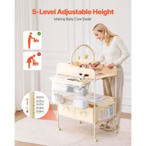 baby changing table, foldable diaper change station with 2 fabric drawers, side basket & hanging rod, adjustable height portable changing table with lockable wheels & 2 star toys, light beige