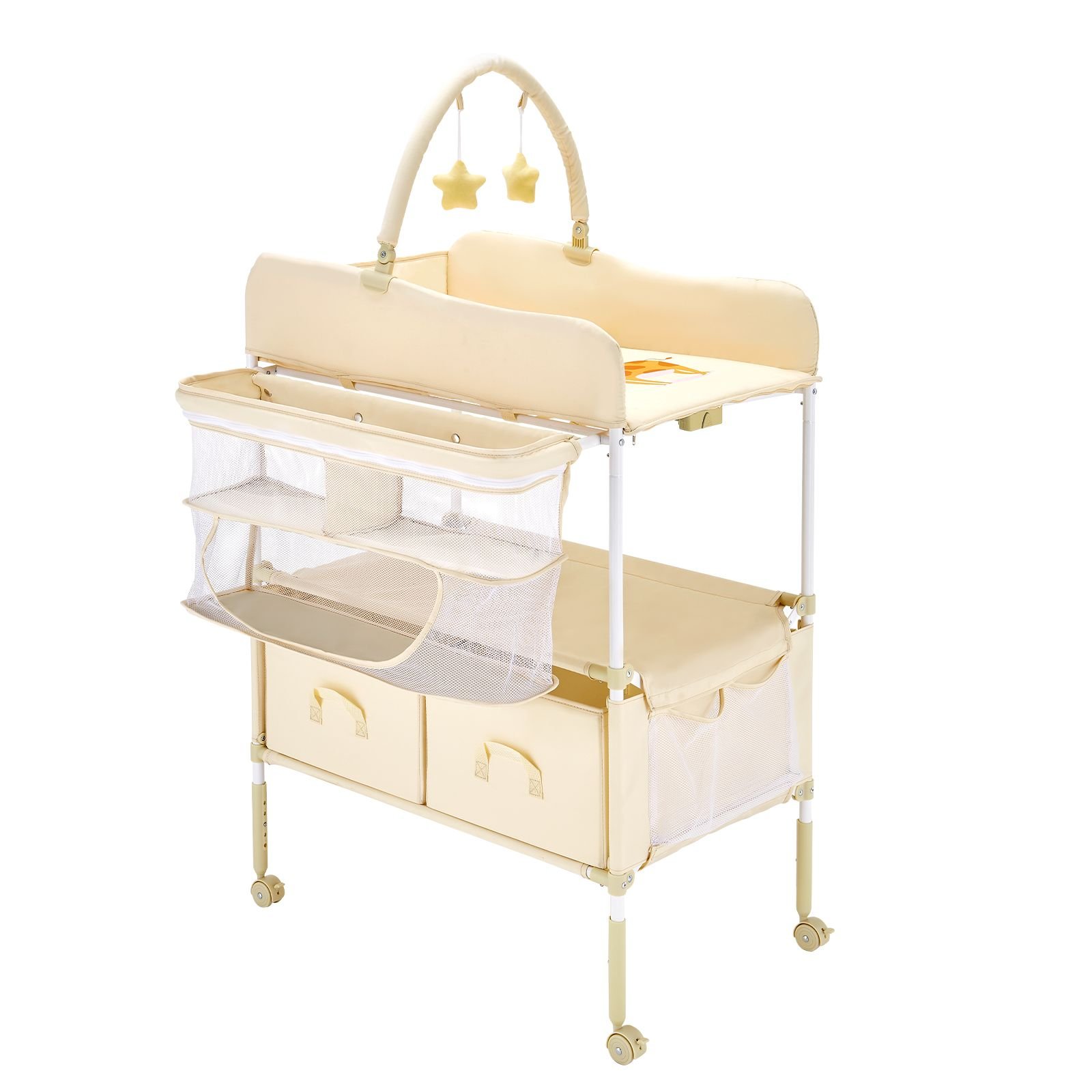 baby changing table, foldable diaper change station with 2 fabric drawers, side basket & hanging rod, adjustable height portable changing table with lockable wheels & 2 star toys, light beige