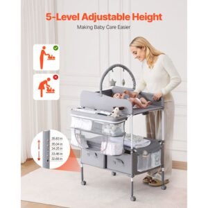 baby changing table, foldable diaper change station with 2 fabric drawers, side basket & hanging rod, adjustable height portable changing table with lockable wheels & 2 star toys, light gray