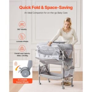baby changing table, foldable diaper change station with 2 fabric drawers, side basket & hanging rod, adjustable height portable changing table with lockable wheels & 2 star toys, light gray