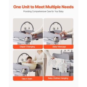 baby changing table, foldable diaper change station with 2 fabric drawers, side basket & hanging rod, adjustable height portable changing table with lockable wheels & 2 star toys, light gray