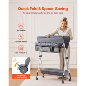 baby changing table, foldable diaper change station with side basket, adjustable height portable changing table with lockable wheels, multi functional storage organizer nursery, dark gray